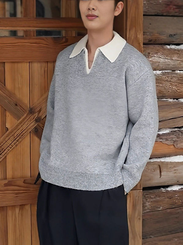 Old Money Style Patchwork Sweater for Men, Autumn and Winter Thickened Fake Two-Piece V-Neck Lazy Pullover Knit Top Retro Sweater