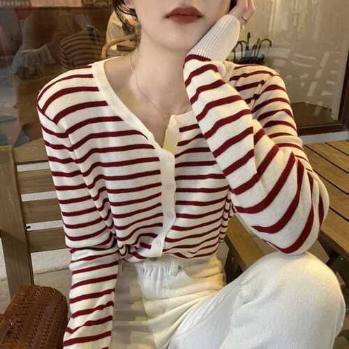 2025 early autumn long-sleeved sweater outer Korean style new thin striped top knitted cardigan women's clothing