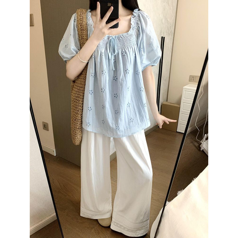 2枚/セット韓国ファッションブルー小ぶりな新鮮な刺繍ワンショルダートップ+ワイドレッグパンツ夏の新スタイル|undefined