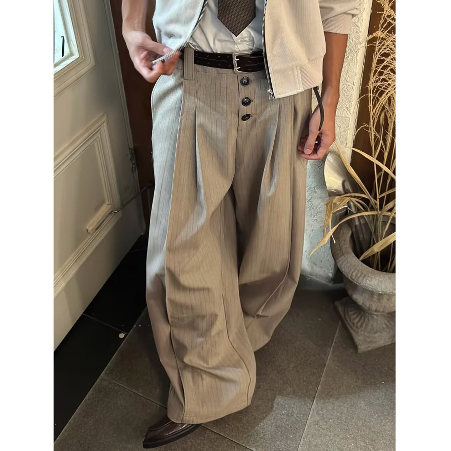 High-End Striped Button Casual Suit Pants for Men and Women, Autumn New Retro Versatile Loose Slimming Drape Wide-Leg Pants