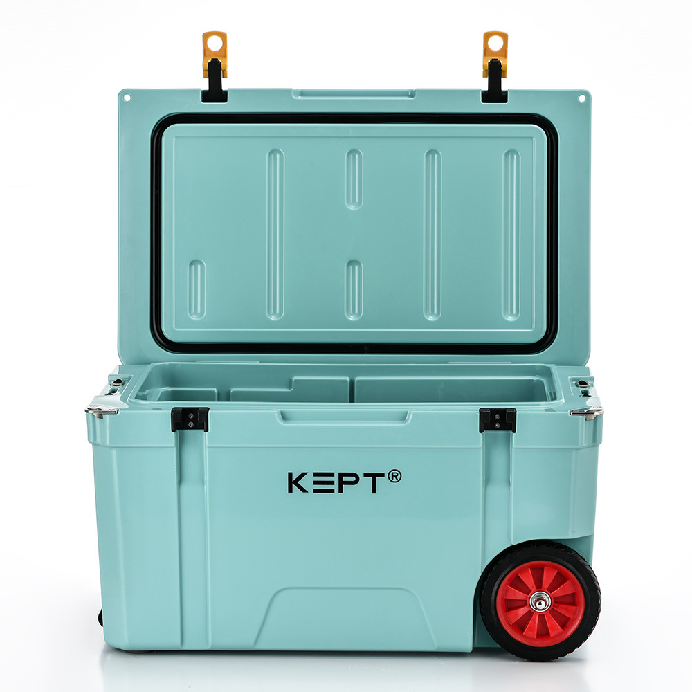 Rolling Blue 65QT Caza Pesca Almacenamiento Refrigerador pequeño con ruedas Calentador frío y caliente de doble uso para acampar Cubo