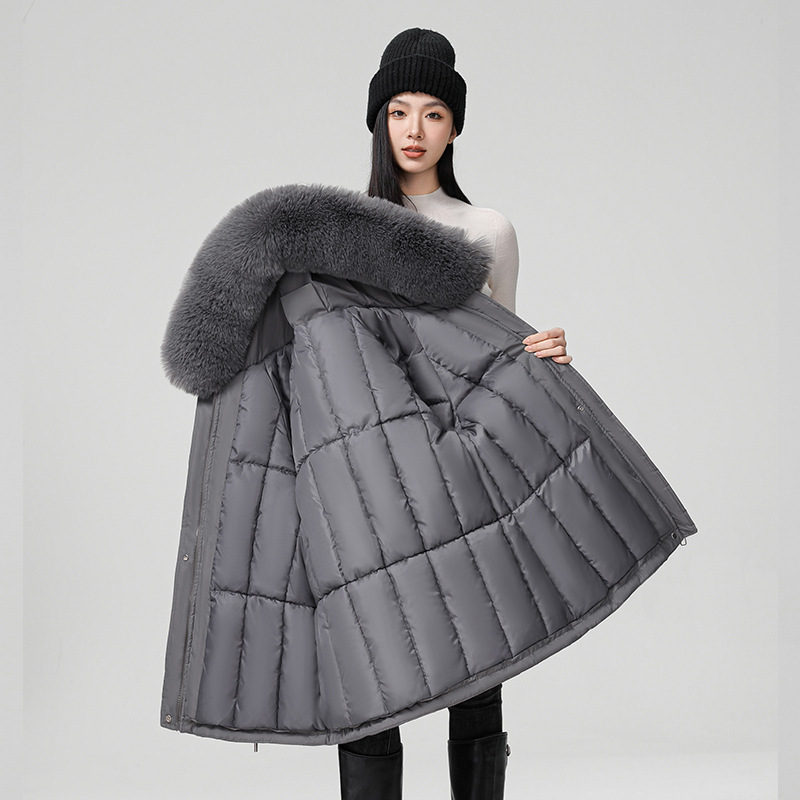 派克服女中长款韩版修身显瘦大毛领内里加棉连帽棉服外套厂家代发