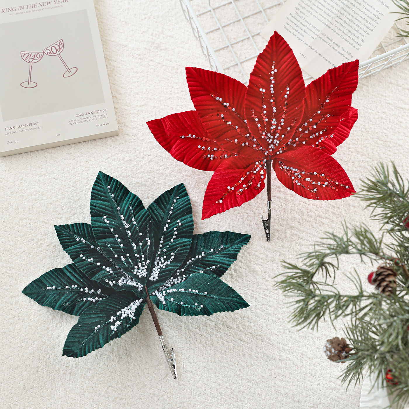 Nuevos productos de flores de Navidad hojas de flores de alta calidad polvo pegajoso perla hojas de adornos de decoración de Navidad flores simuladas