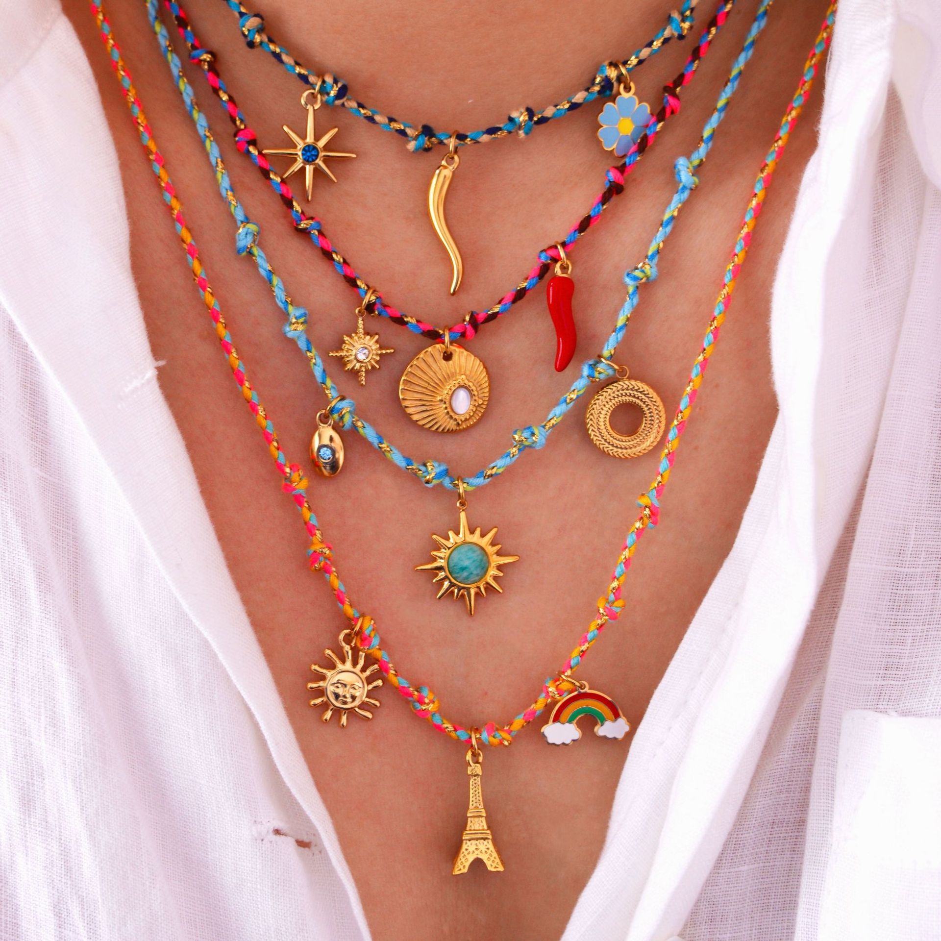 10g Weight Modern Style Eiffel Tower Sun Rainbow Natural Stone Rope Titanium Steel Cord String Pendant Necklaces Wholesale