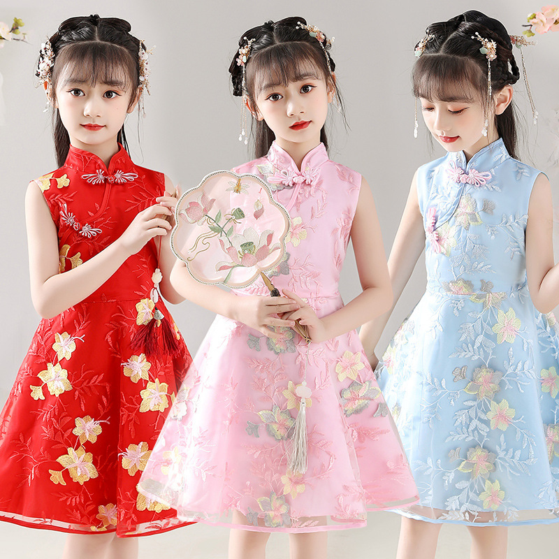 Red pink blue lace cheongsam dress girls Chinese qipao dress shirt girl cosplay tang suit hanfu  princess costumes dress 