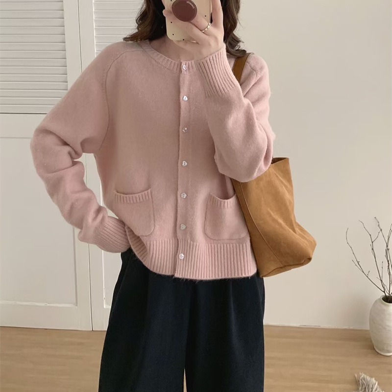 韩系慵懒风2025秋新款圆领针织开衫女宽松纯色软糯百搭毛衣女外套|undefined