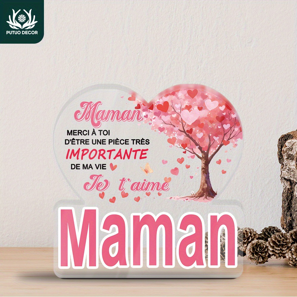 普陀装饰 1 件法语心形水晶标志桌面装饰，妈妈谢谢你成为我生活