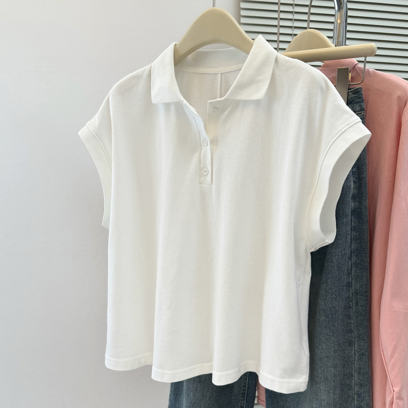 欧美风实拍Polo领短袖T恤女夏季2025新款韩版宽松短款插肩半袖|undefined