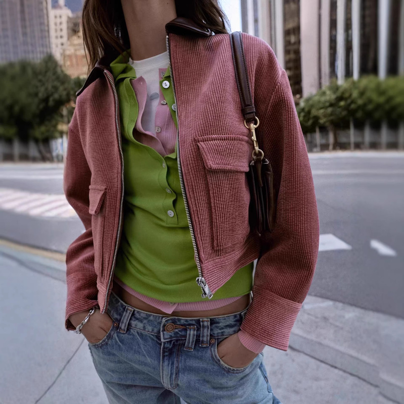 Women's Corduroy Jacket with Leather-Effect Collar