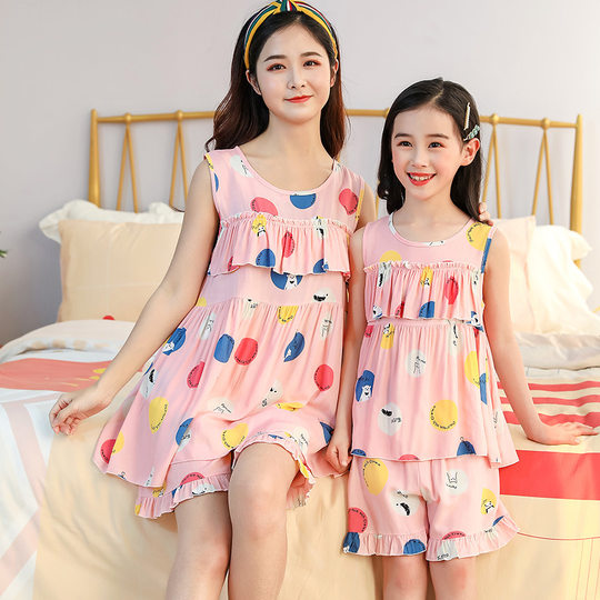 Summer New Children's Clothing Girls Students Cotton Silk Nightdress Parent-child Home Clothes Two-piece Princess Pajamas Sleeveless Set