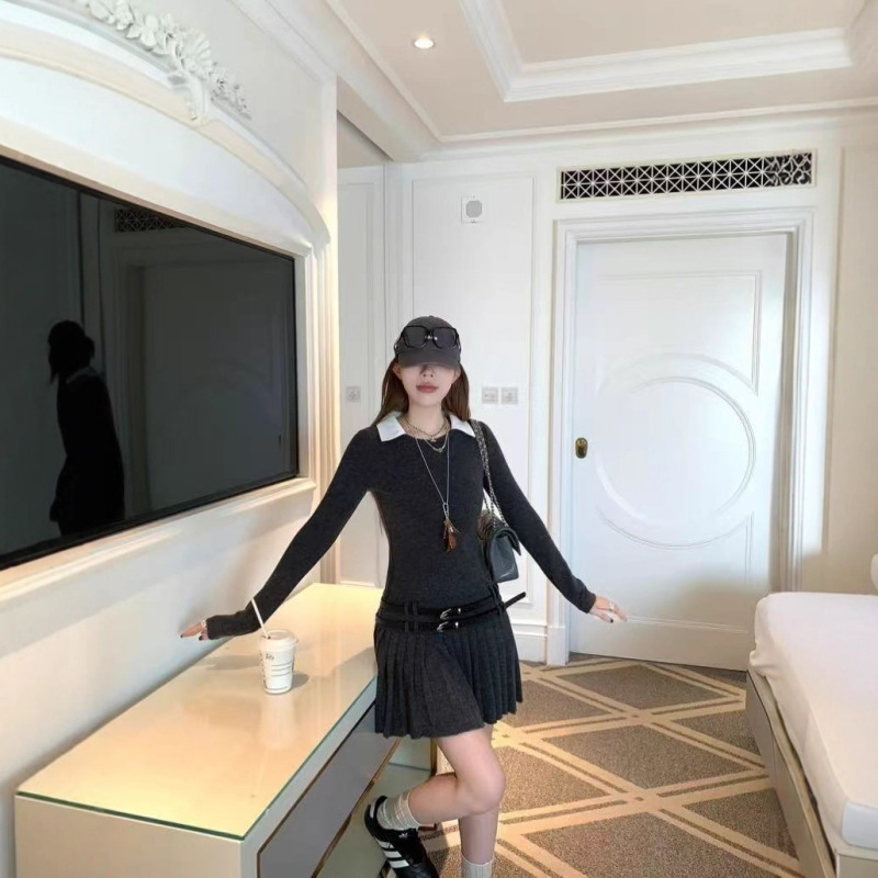 2025年早秋新款灰色针织修身连衣裙女长袖假两件短裙设计感百褶裙|undefined