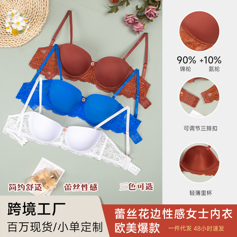 Transfronterizos europeos y estadounidenses sexy encaje borde suave ropa interior pequeña cocinada con anillo de acero anti-caída cómodo sujetador transpirable mujer