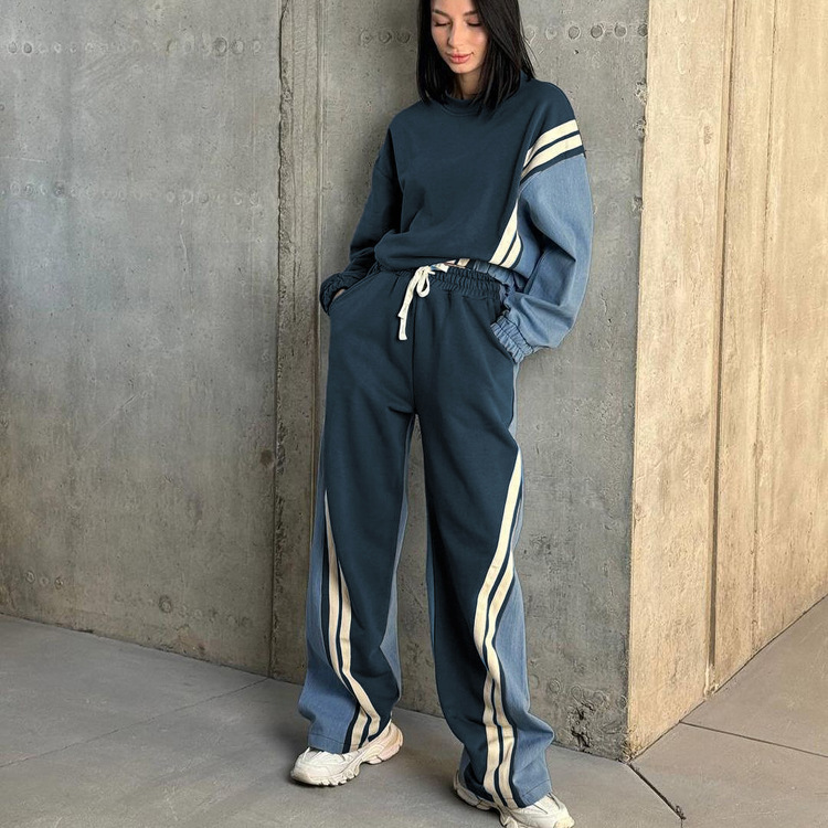 2026 Autumn and Winter New American-Style Sports Color-Block Striped Sweatshirt Set Pullover Top Drawstring Long Pants Two-Piece Set
