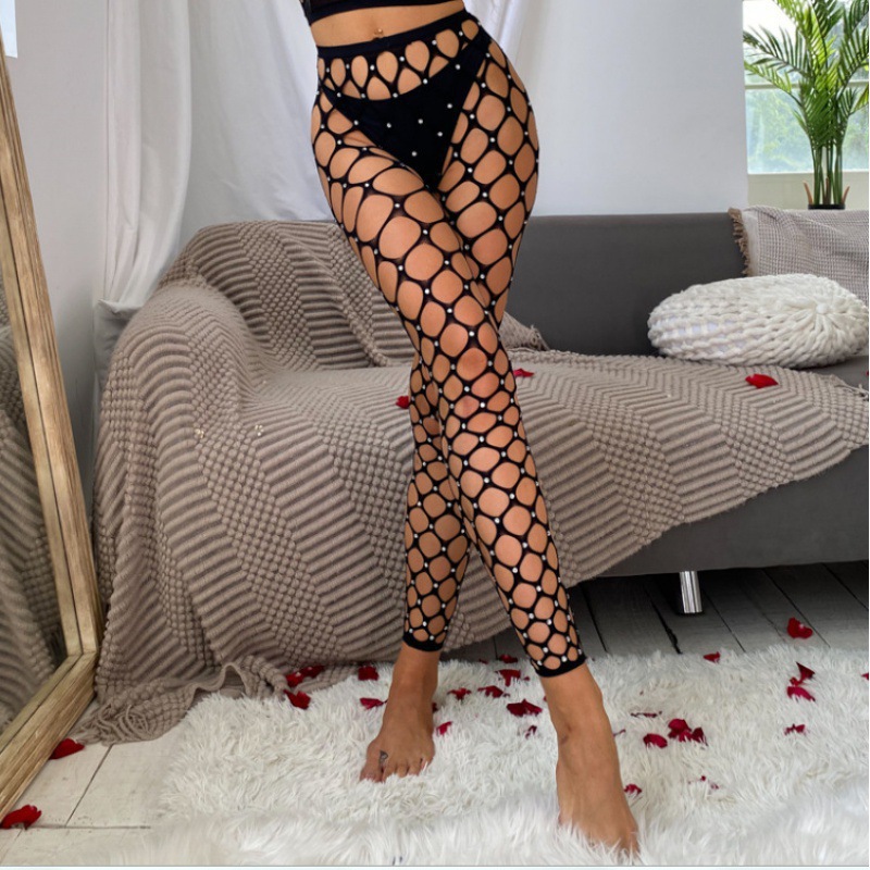 New sexy big hole with diamond fishnet stockings large net stockings European and American-style cross-border hollow breathable fashion slim-fit fishnet stockings