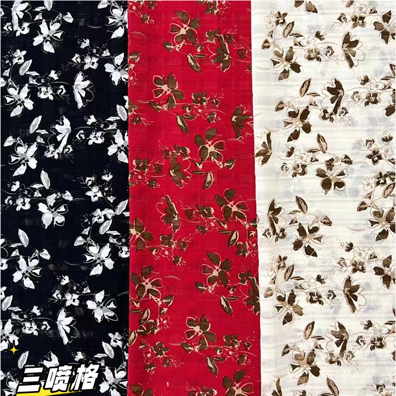 新花三喷格雪纺印花面料 汉服长短裙上衣 女装国风连衣裙服装布料