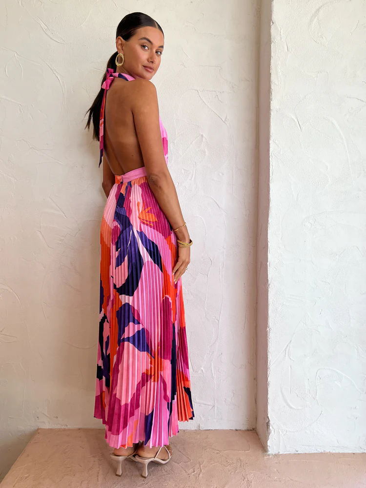 Pleated, Hollow Out, Backless Design Vacation Style Wholesale Women's Vacation Pleated Hollow Out Backless Color Block Daily Halter Neck Sleeveless Swing Dress