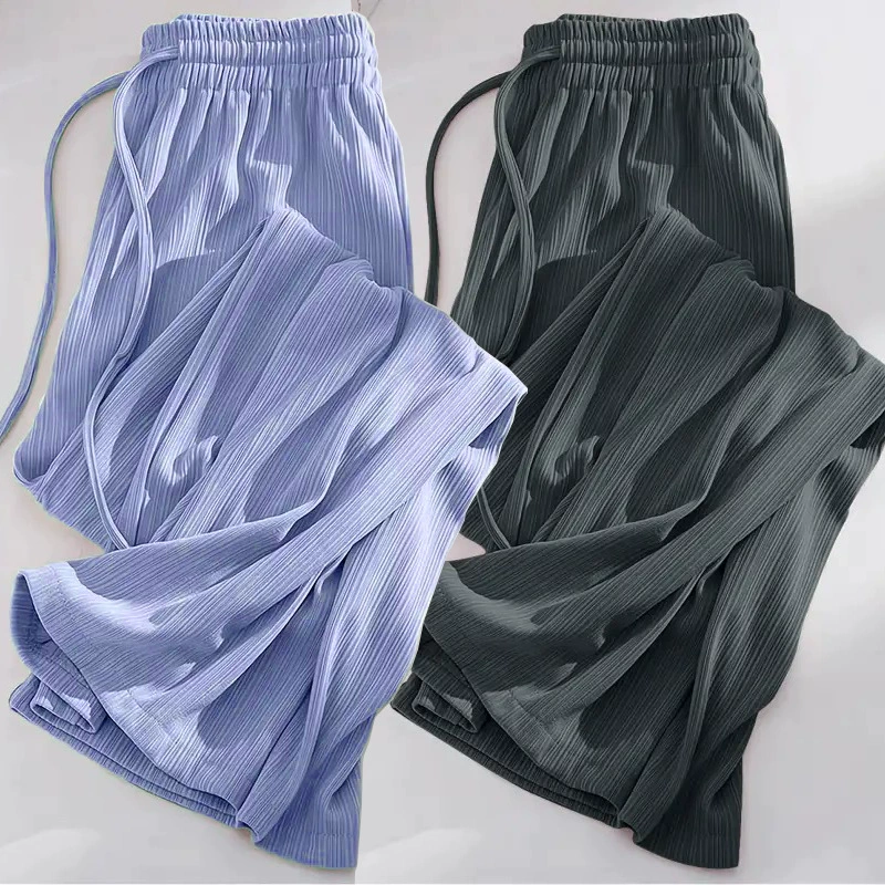 Две штуки широких брюк из ледяного шелка для женщин, летние тонкие свободные повседневные брюки в корейском стиле с прямыми штанинами и высокой талией.