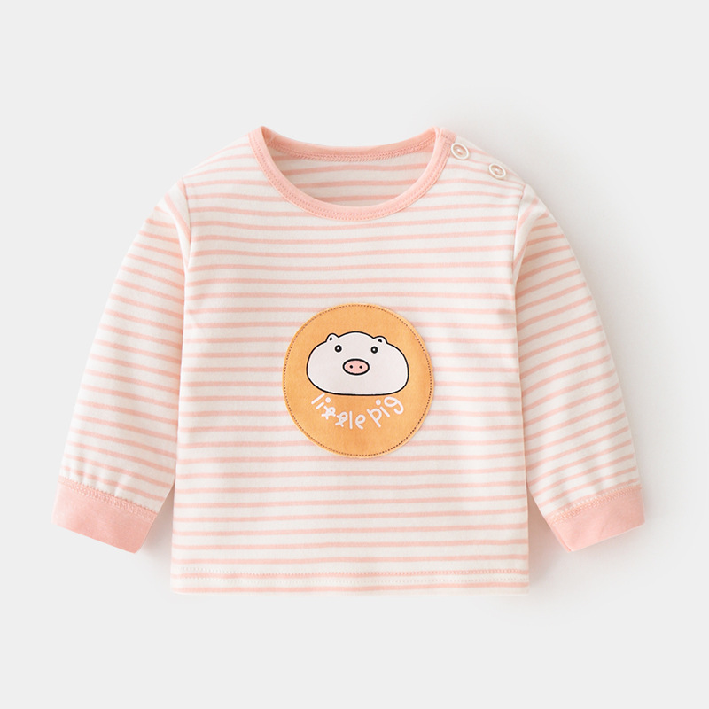 嬰兒純棉單上秋衣服條紋男女童春秋寶寶內衣打底衫童裝肩開T恤