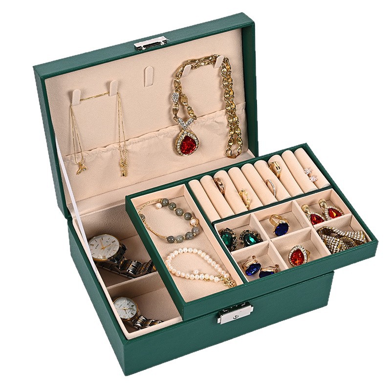 Caja de joyería de lujo ligera de té, pernos multicapa de gran capacidad con cerradura, caja de joyería, joyería de auriculares, almacenamiento de joyería tipo cajón image 6