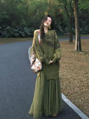 法式复古慵懒风毛衣拼接网纱裙女时尚设计感宽松假两件针织连衣裙