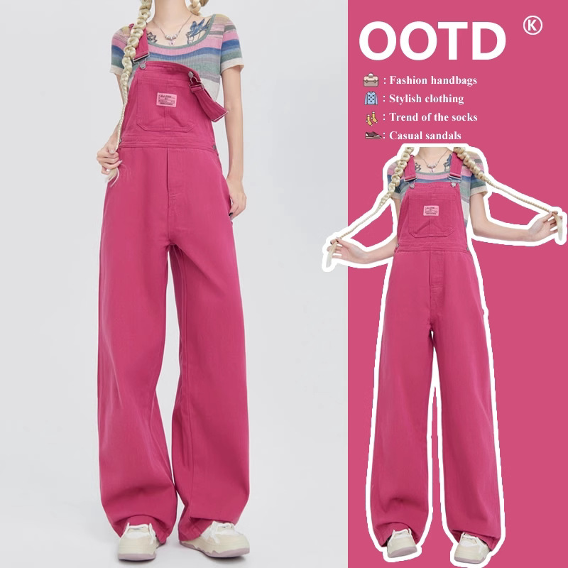 DY803 Sweet and Cool Raspberry Pink Denim Overalls for Women, New Spring/Summer Dopamine Style Straight Wide-Leg Pants, Ins Style DY803 Sweet and Cool Raspberry Pink Denim Overalls for Women, New Spring/Summer Dopamine Style Straight Wide-Leg Pants, Ins Style