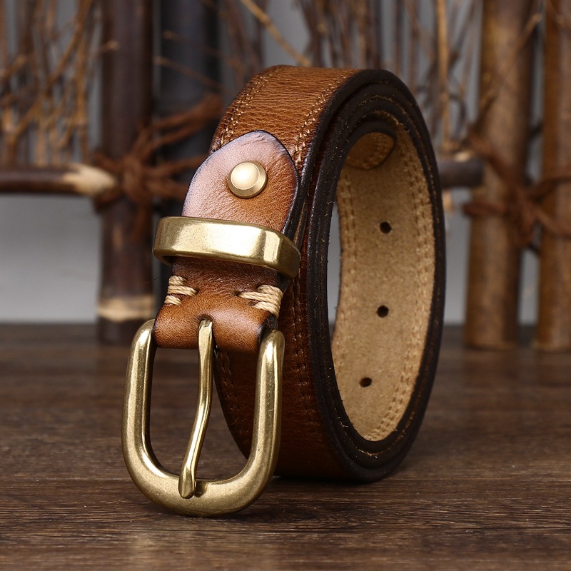 2.8cm Wide Women's Decorative Genuine Leather Belt, Pin Buckle Pure Cowhide Retro Korean Style Fashion Versatile Denim Belt