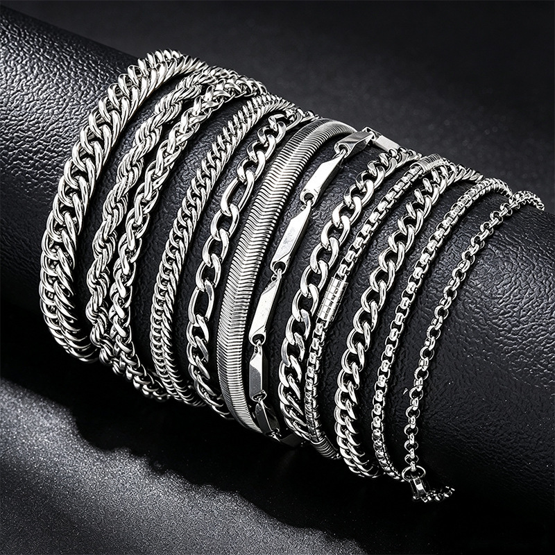Cross-border best-selling men's bracelet set of 12 pieces, stainless steel, European and American style, non-fading Cuban chain, fashionable and versatile titanium steel accessories Cross-border best-selling men's bracelet set of 12 pieces, stainless steel, European and American style, non-fading Cuban chain, fashionable and versatile titanium steel accessories