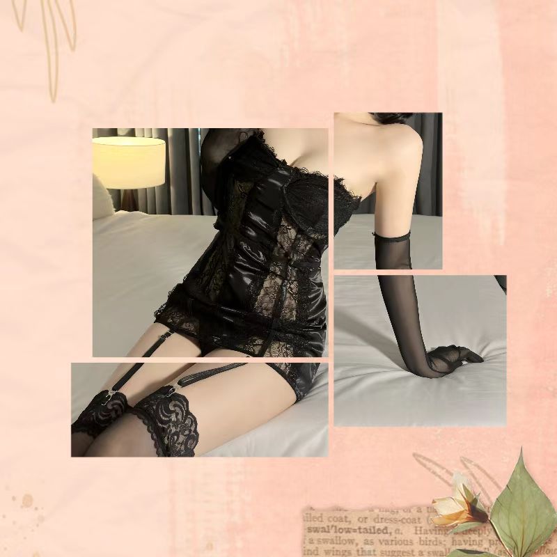 Purple Sheer Babydoll Nightdress with Steel-Ring Bust Shaper, Black Stockings & Gloves Set — detail image 6