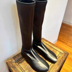 牛皮版~秋冬新款圆头高筒弹力瘦瘦靴袜靴女时尚气质显瘦平底长靴