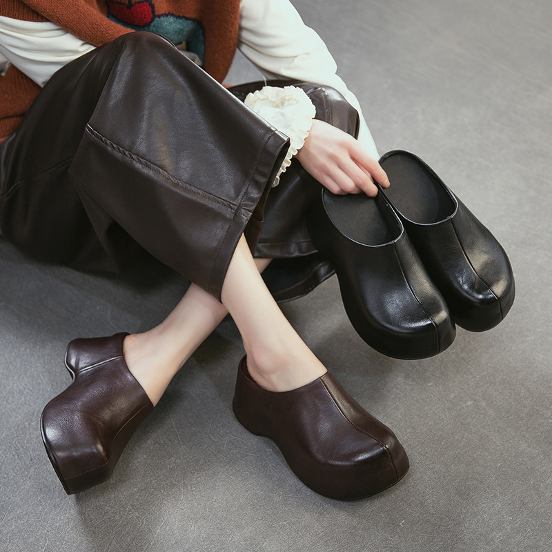 Jiezhou 2026 Summer New Classic Retro Open-Toe Slippers Simple Top-Layer Cowhide Thick-Soled Height-Increasing Women's Shoes Jiezhou 2026 Summer New Classic Retro Open-Toe Slippers Simple Top-Layer Cowhide Thick-Soled Height-Increasing Women's Shoes