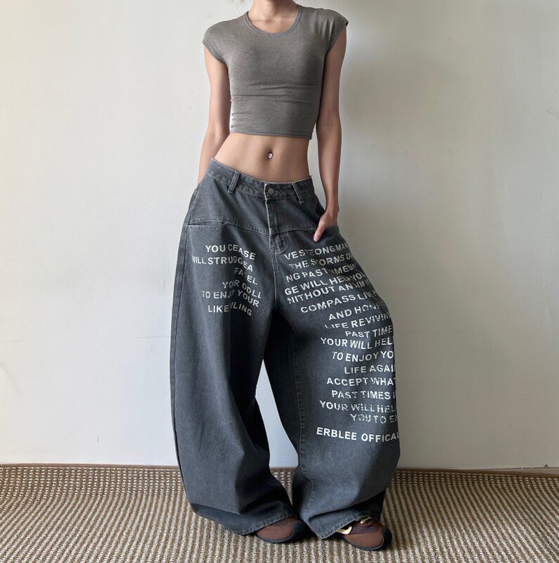 American Retro Letter-Printed Jeans for Men and Women, Straight-Leg, Slim-Fit, Frayed Edges, Trendy Brand, High-End Niche Pants