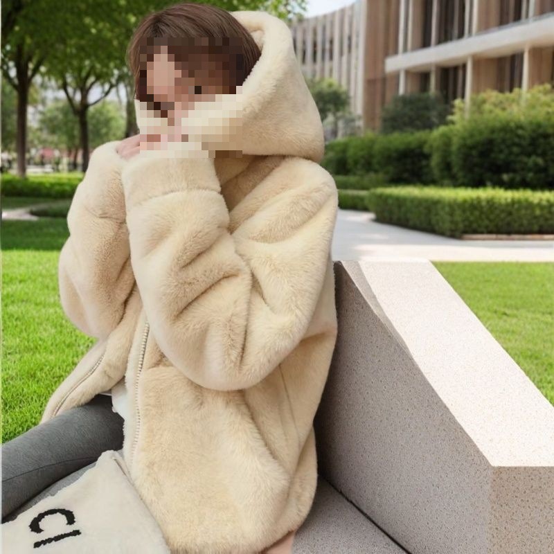 毛绒绒外套女冬仿獭兔毛皮草连帽中长款棉衣加厚保暖时尚宽松大衣