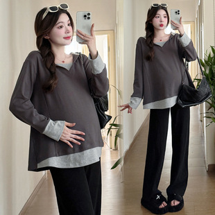 in stock 2024 autumn pregnant women's coat loose elastic soft solid color stitching temperament hooded fake two-piece sweater