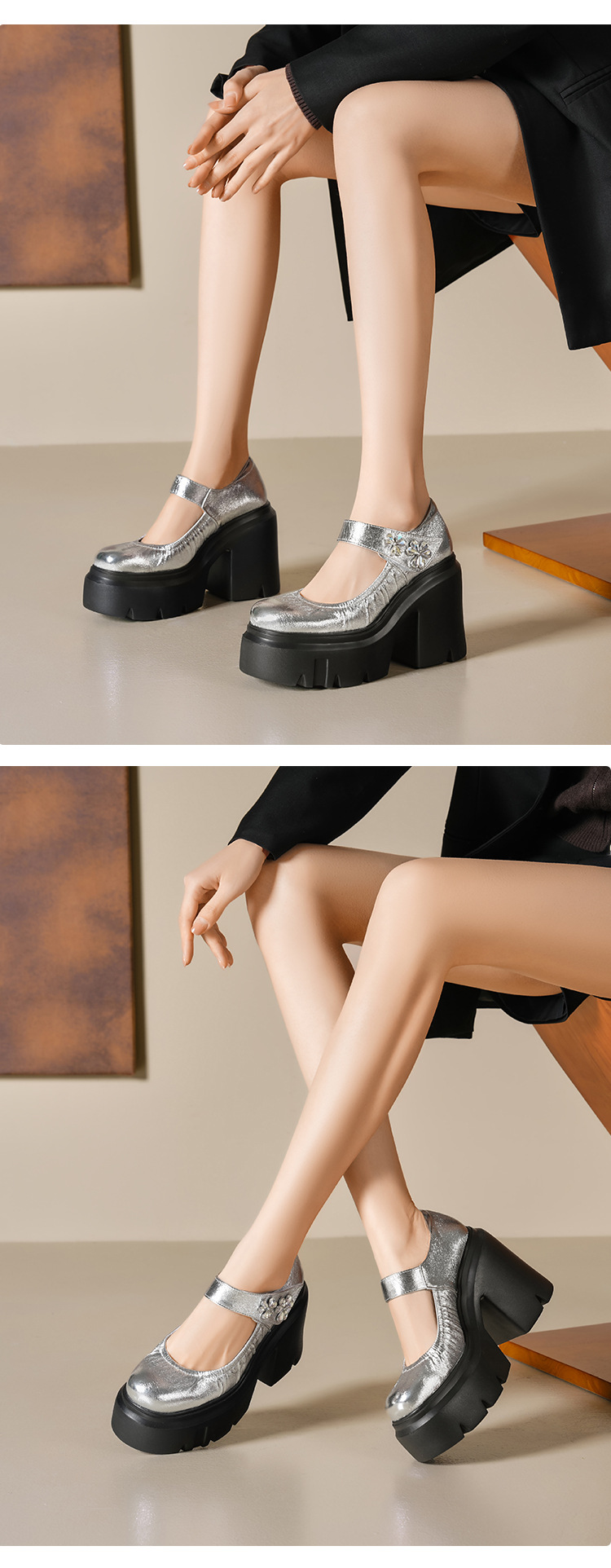 Giày cao gót nữ đế xuồng platform gót 12 cm da thật — Màu đen chi tiết 4