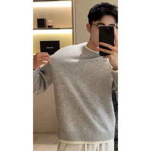 American Style Retro Grey Sweater Men's Winter Korean Style Atmosphere Crewneck Inner Knitted Sweater All-match Top