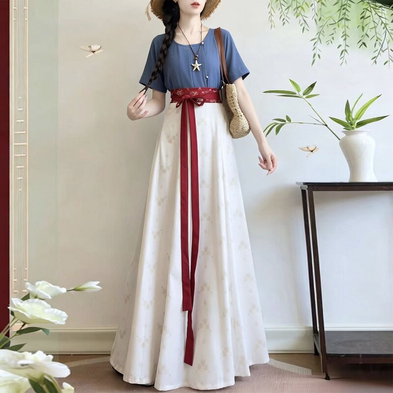 Jinshu Hanfu Women's Chinese Style Tang Dynasty Tang Beige Spring/Summer Waist-Length Printed Eight-Piece Skirt Set Daily Wear Beige Skirt