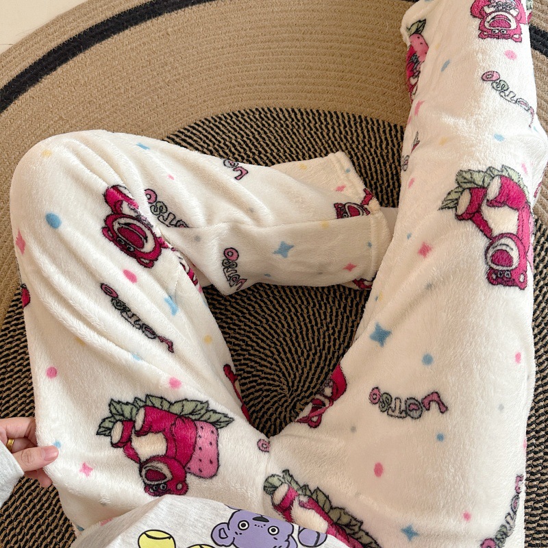 Pantalones de pijama de franela de dibujos animados de otoño y invierno para mujeres con pantalones de lana de coral caliente para estudiantes de lana de invierno para el hogar