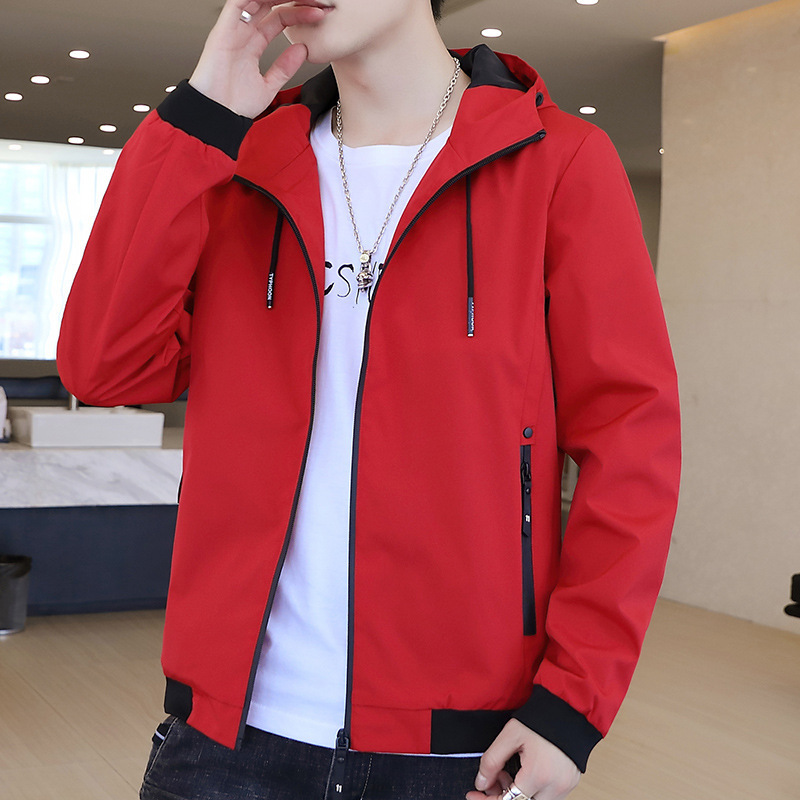 La primavera y el otoño de los hombres de moda casual ins chaqueta juvenil ajuste chaqueta roja con capucha estilo de Hong Kong uniforme de béisbol