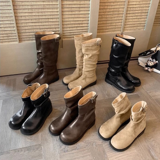 Su yinyin with Korean blogger ~ round head pleated buckle with thick heel pile boots in the tube boots women's autumn and winter new