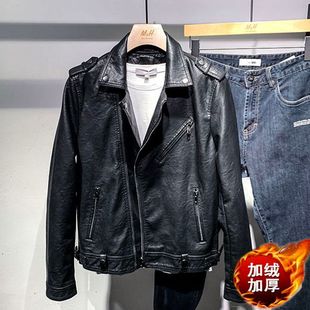 Men's Short Leather Jacket with Diagonal Zipper for Spring and Autumn, Stylish and Trendy Biker Jacket, Slim-Fit Versatile Coat for Men