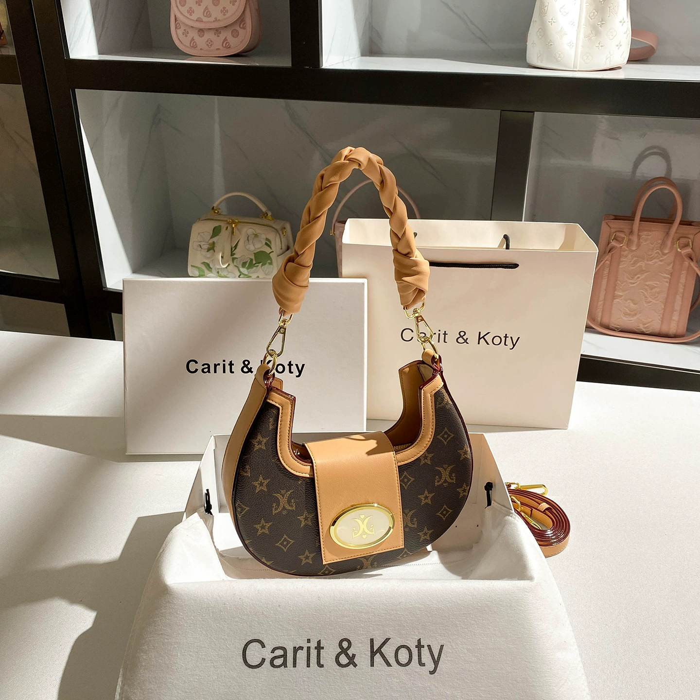 Underarm One-Shoulder Bag (Carit & Koty) Woven Crescent, Braided Handle & Detachable Strap, Multi Colors