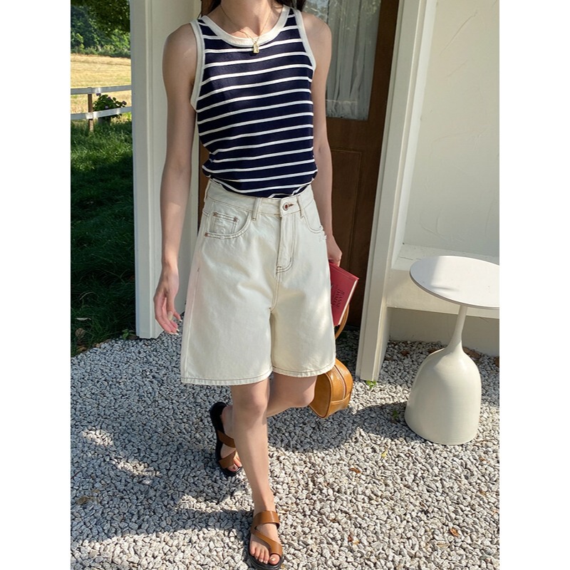 3th Morning Full Score Just Need French Stripe Contrast Knitted Vest Outer Wear Loose ZY1905