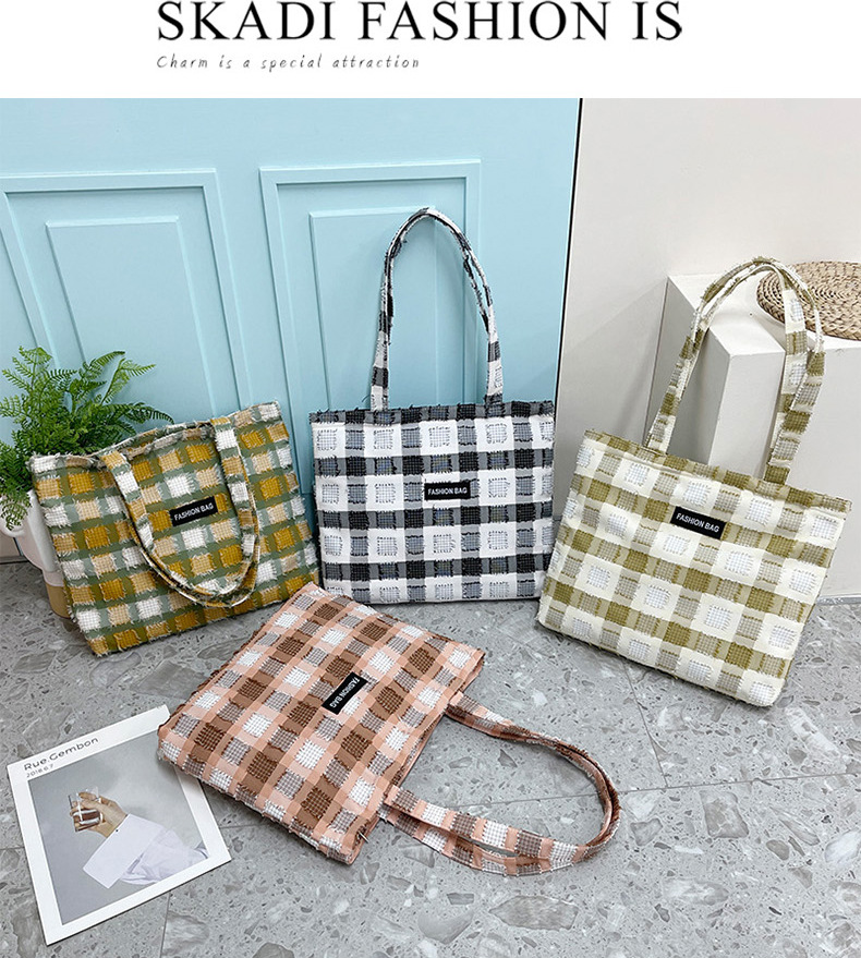 Girls' Japanese-style checkered shopping bags, zipper canvas bags, girls' Korean-style large-capacity student tote bags for class Specification drawing