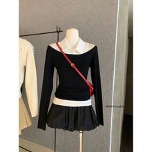 熹凤梨WGWE7458广州十三行秋装新款背心+露肩一字领长袖T恤套装