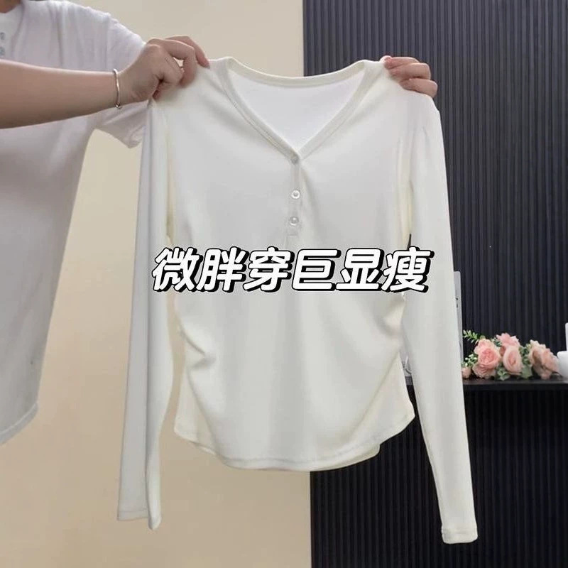White V-neck long-sleeve T-shirt for women, new autumn style, plus size, conceals belly, suitable as a base layer, slimming, pure cotton top White V-neck long-sleeve T-shirt for women, new autumn style, plus size, conceals belly, suitable as a base layer, slimming, pure cotton top