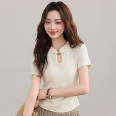 C1193 ホットガールスタイル半袖Tシャツ夏の新しいスタイルショートスタイル新しい中国風スタンドバックルカラースリムフィット多用途トップ