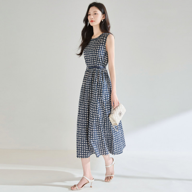 26 Summer Max*M Plaid Printed Cotton Round Neck Sleeveless Waist-Cinching Slimming Elegant Work Dress 25327