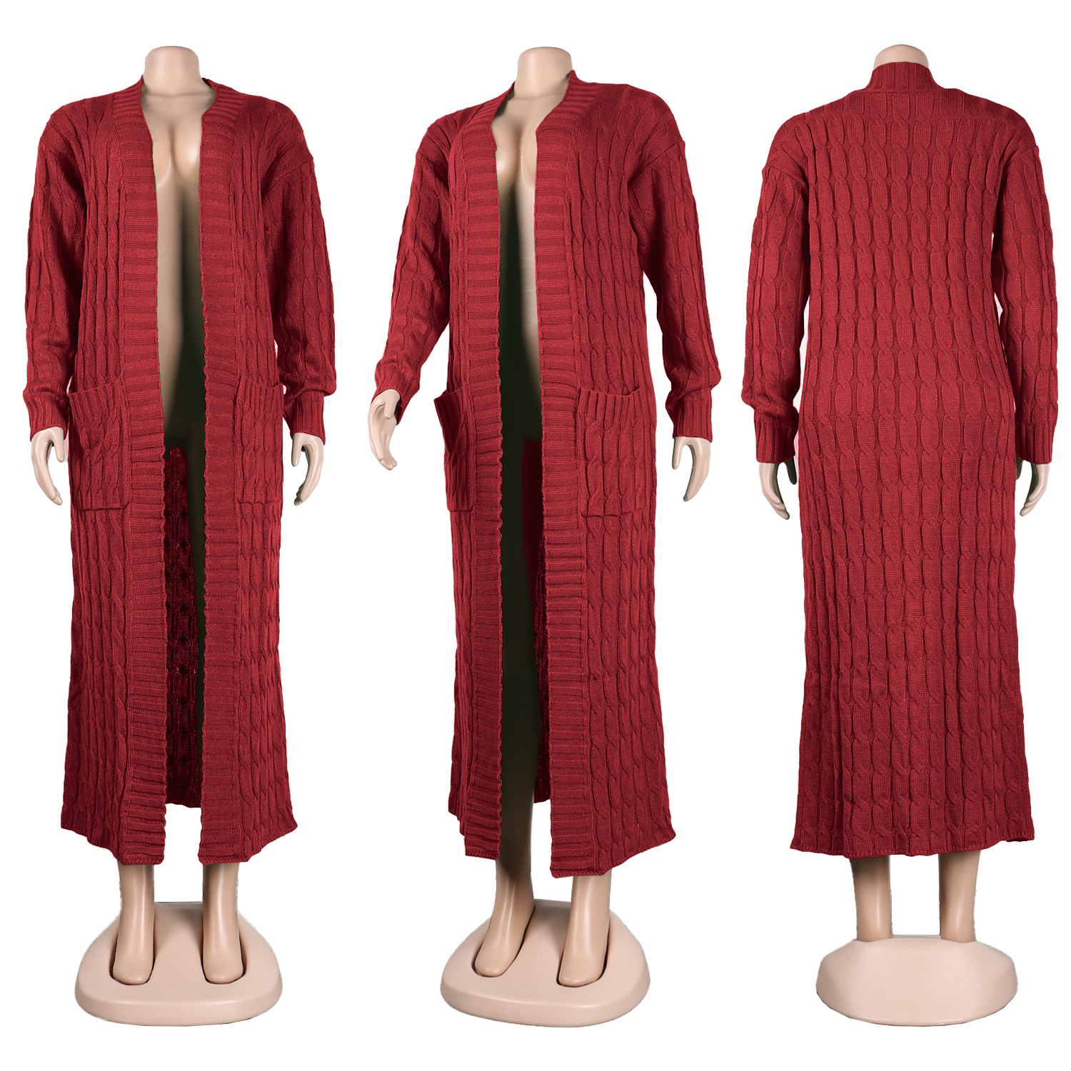 Damen Strickjacke Lang Aus Grobstrick In Unifarben Wintermantel_voghion.com