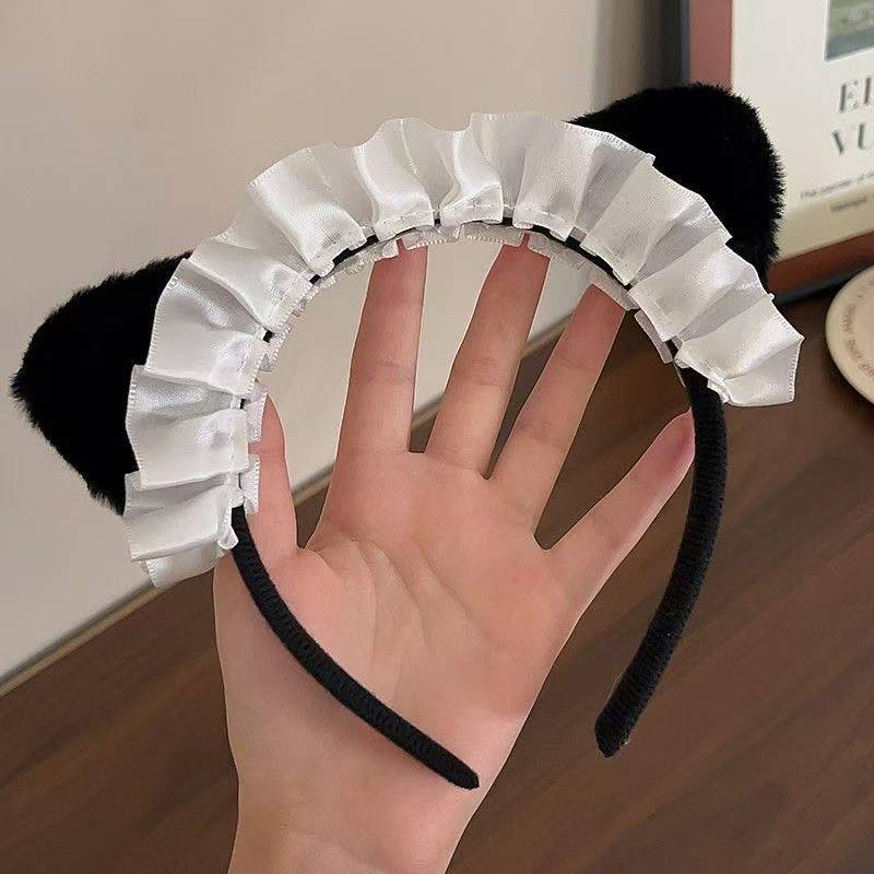 Cute Lolita Cat Ear Headband for Women, Plush Cat Girl Cosplay Hairband, White Maid Animal Ear Headwear — detail image 5