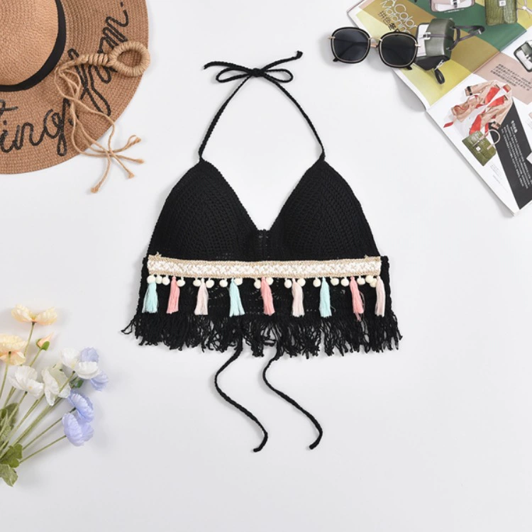 Bra top / knitted crop tank with cups and straps, backless, embroidered trim, one size